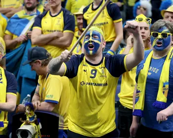 Glad manlig supporter med flagga